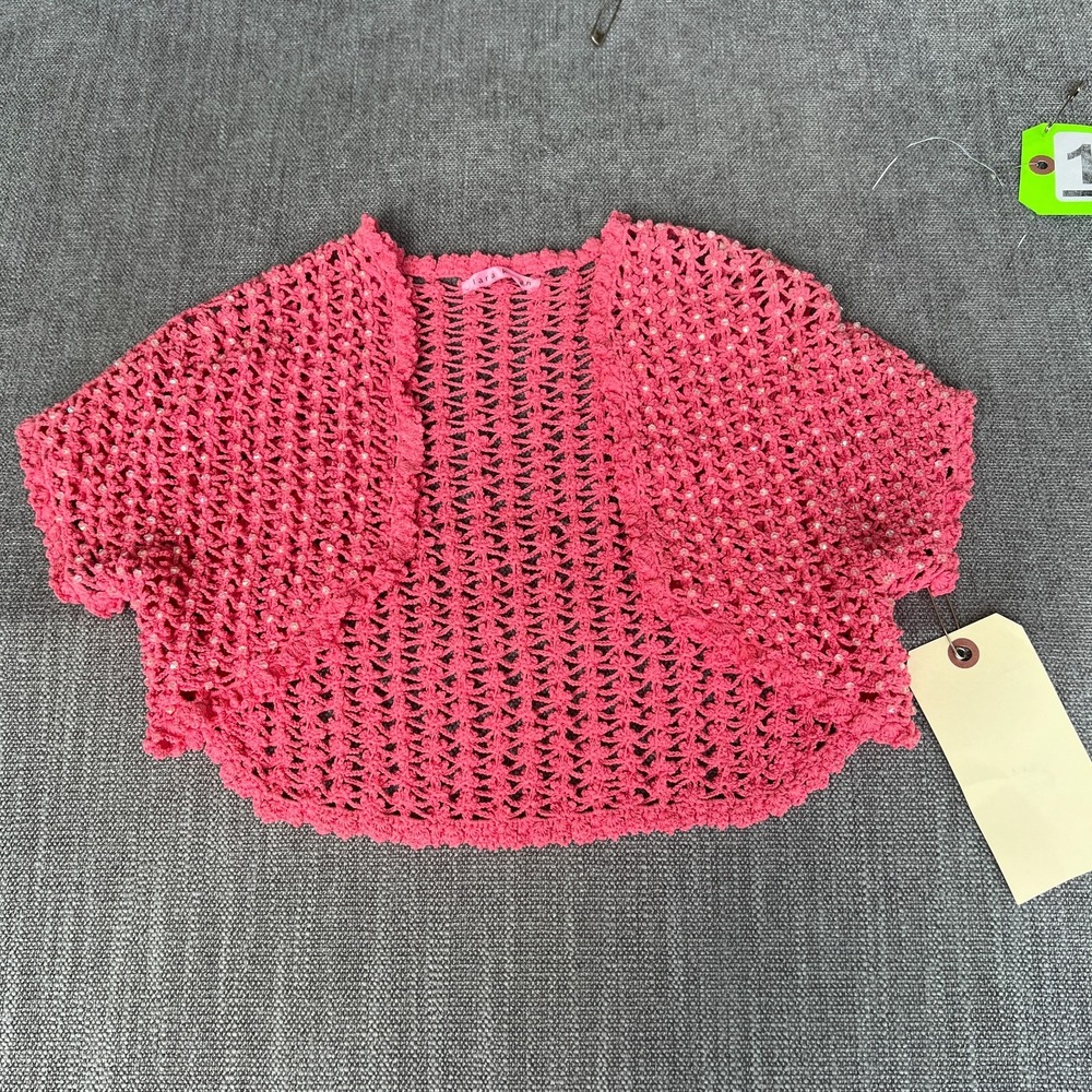 Lara Kazan Bolero Shrug Crop Top Womens Small Pink Crochet Beaded Short Sleeve